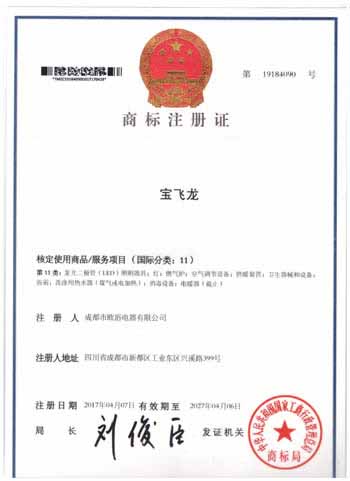 宝飞龙商标注册证书